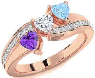 Diamond Rose Gold Silver Heart Three Stone Mother's Ring