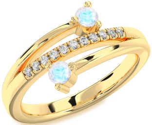 Diamond Moonstone Gold Silver Round Two Stone Ring
