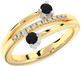 Black Diamond Gold Silver Round Two Stone Ring