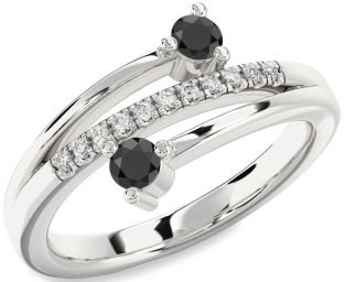 Diamond Black Onyx Silver Round Two Stone Ring