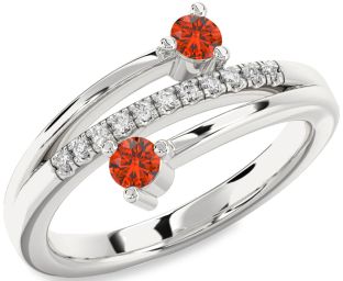 Diamond Fire Opal Silver Round Two Stone Ring
