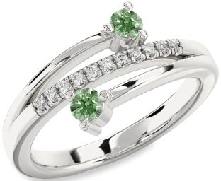 Green Diamond Silver Round Two Stone Ring