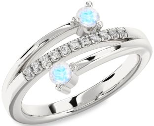 Diamond Moonstone Silver Round Two Stone Ring