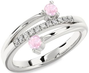 Diamond Rose Quartz Silver Round Two Stone Ring