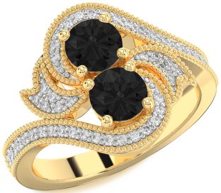 Black Diamond Gold Silver Round Two Stone Ring