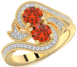 Diamond Fire Opal Gold Silver Round Two Stone Ring