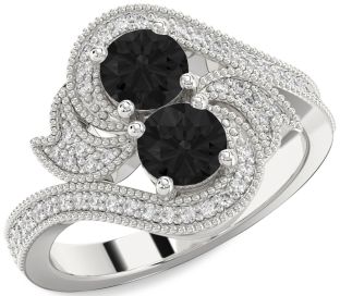 Black Diamond Silver Round Two Stone Ring