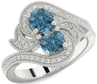 Blue Diamond Silver Round Two Stone Ring