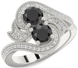 Diamond Black Onyx Silver Round Two Stone Ring
