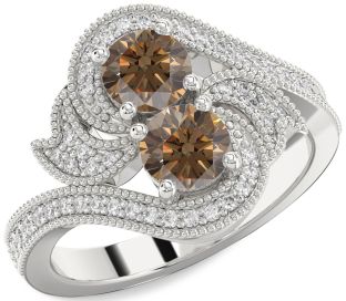 Chocolate Brown Diamond Silver Round Two Stone Ring