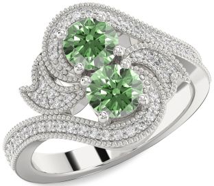 Green Diamond Silver Round Two Stone Ring