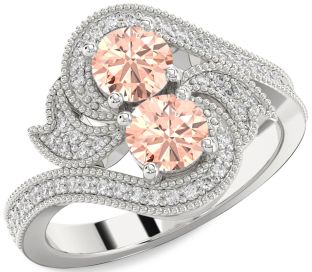Diamond Morganite Silver Round Two Stone Ring