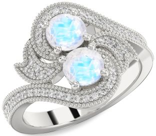 Diamond Moonstone Silver Round Two Stone Ring