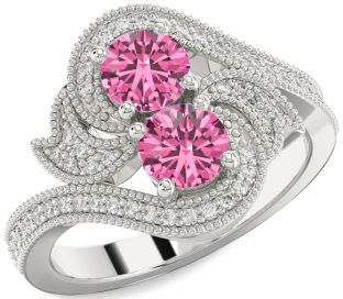 Diamond Pink Sapphire Silver Round Two Stone Ring