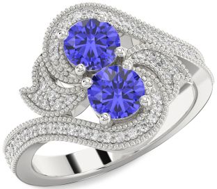 Diamond Tanzanite Silver Round Two Stone Ring