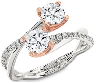 Diamond Silver & 10K Rose Gold Knot Round Two Stone Ring