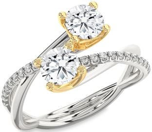 Diamond Silver & 10K gold Knot Round Two Stone Ring