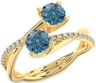 Blue Diamond Gold Silver Round Two Stone Ring
