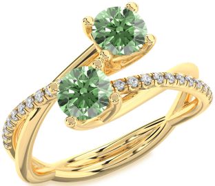Green Diamond Gold Silver Round Two Stone Ring