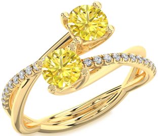 Yellow Diamond Gold Silver Round Two Stone Ring