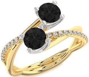 Black Diamond Gold Silver Round Two Stone Ring