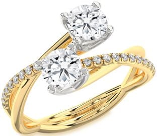 Diamond White Yellow Gold Knot Round Two Stone Ring