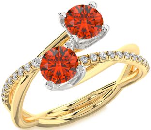 Diamond Fire Opal Gold Silver Round Two Stone Ring