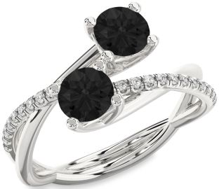 Black Diamond Silver Round Two Stone Ring