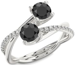 Diamond Black Onyx Silver Round Two Stone Ring