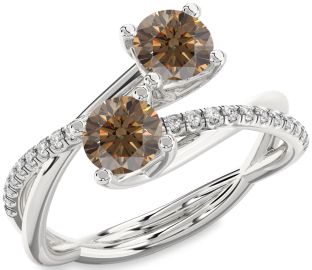 Chocolate Brown Diamond Silver Round Two Stone Ring