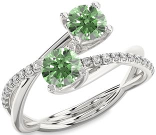 Green Diamond Silver Round Two Stone Ring