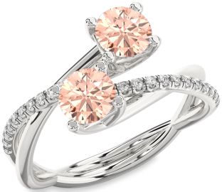 Diamond Morganite Silver Round Two Stone Ring