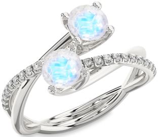 Diamond Moonstone Silver Round Two Stone Ring