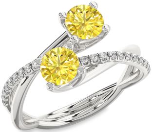Yellow Diamond Silver Round Two Stone Ring