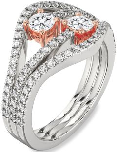 Diamond Silver & 10K Rose Gold Round Two Stone Pave Ring