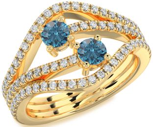 Blue Diamond Gold Silver Round Two Stone Pave Ring