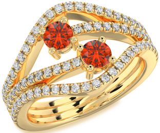 Diamond Fire Opal Gold Silver Round Two Stone Pave Ring
