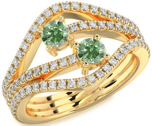 Green Diamond Gold Silver Round Two Stone Pave Ring