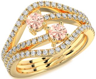 Diamond Morganite Gold Silver Round Two Stone Pave Ring