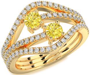 Yellow Diamond Gold Silver Round Two Stone Pave Ring