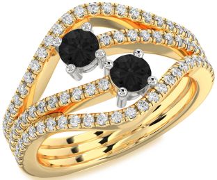 Black Diamond Gold Silver Round Two Stone Pave Ring