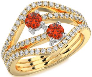 Diamond Fire Opal Gold Silver Round Two Stone Pave Ring