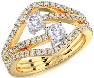 Salt & Pepper Diamond Gold Silver Round Two Stone Pave Ring
