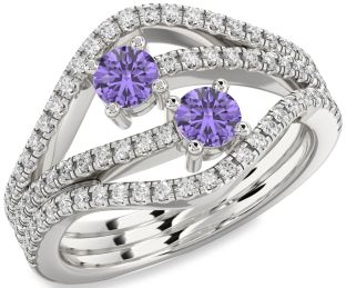 Diamond Alexandrite Silver Round Two Stone Pave Birthstone Ring