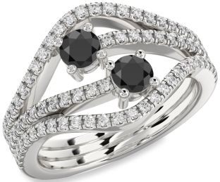 Diamond Black Onyx Silver Round Two Stone Pave Ring