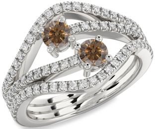 Chocolate Brown Diamond Silver Round Two Stone Pave Ring