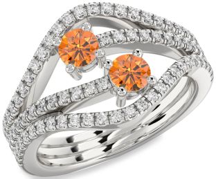 Diamond Citrine Silver Round Two Stone Pave Birthstone Ring