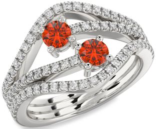 Diamond Fire Opal Silver Round Two Stone Pave Ring