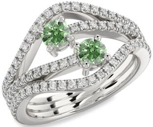 Green Diamond Silver Round Two Stone Pave Ring