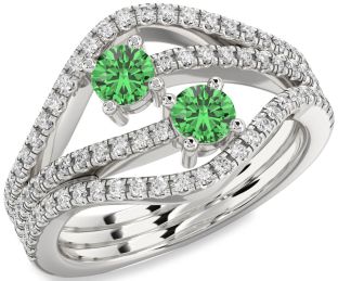 Diamond Green Sapphire Silver Round Two Stone Pave Ring